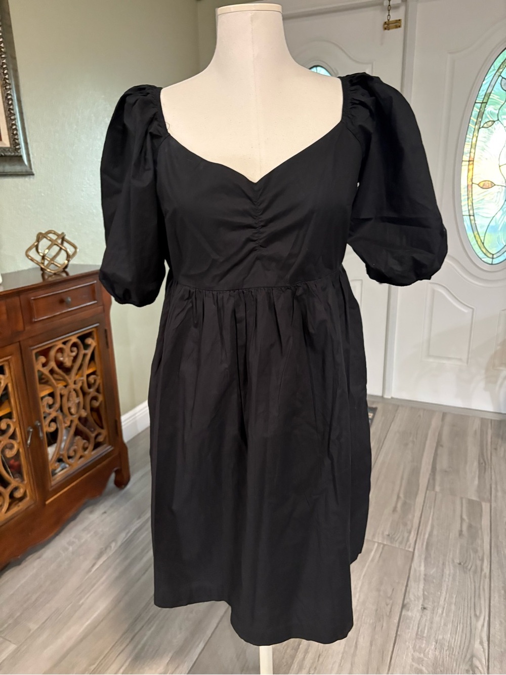 American Eagle Outfitters Black Puff-Sleeve V-Neck Midi Dress